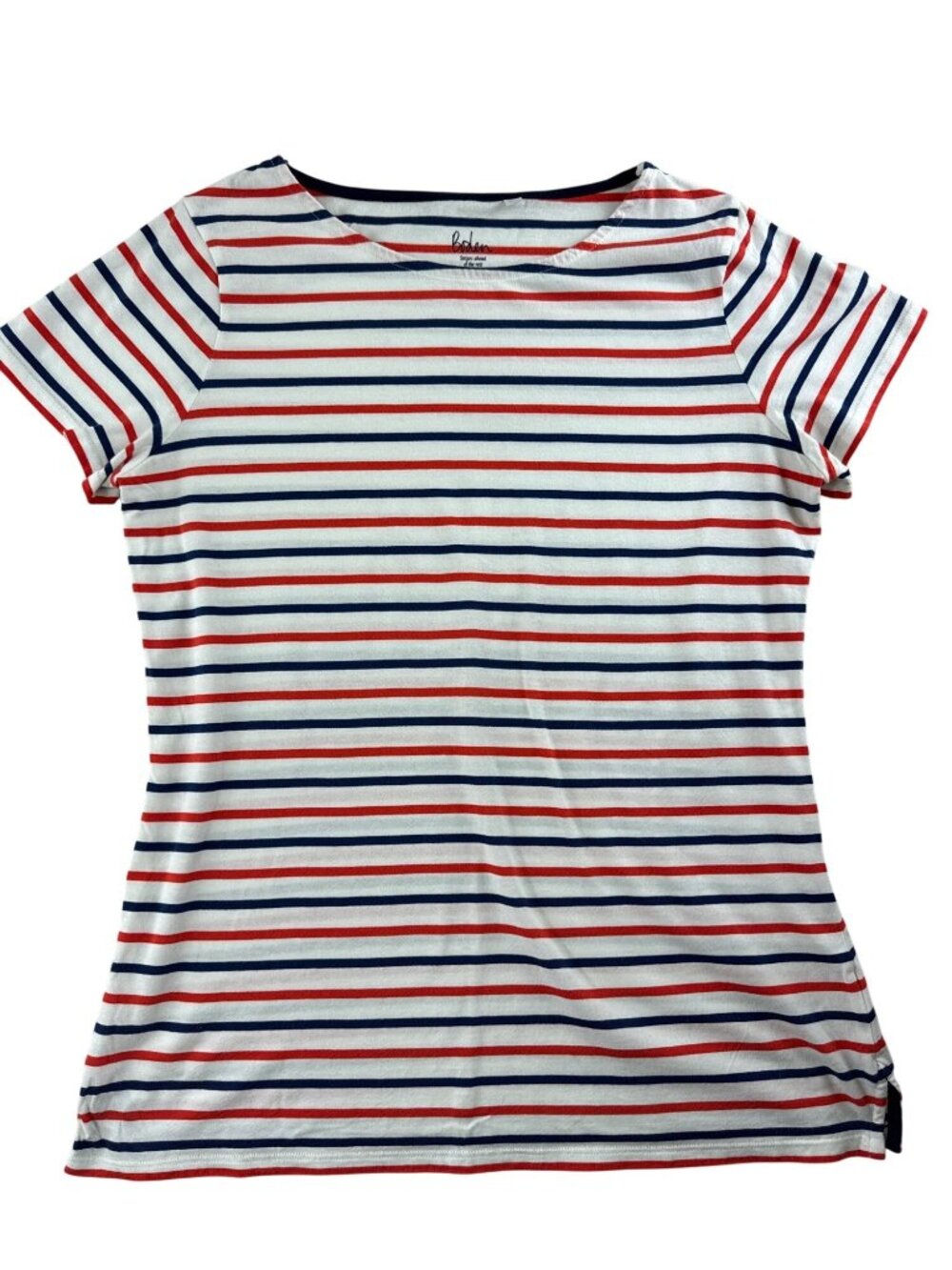 Boden Women's 10 Red Navy White Striped Breton Short Sleeve Cotton Top Nautical